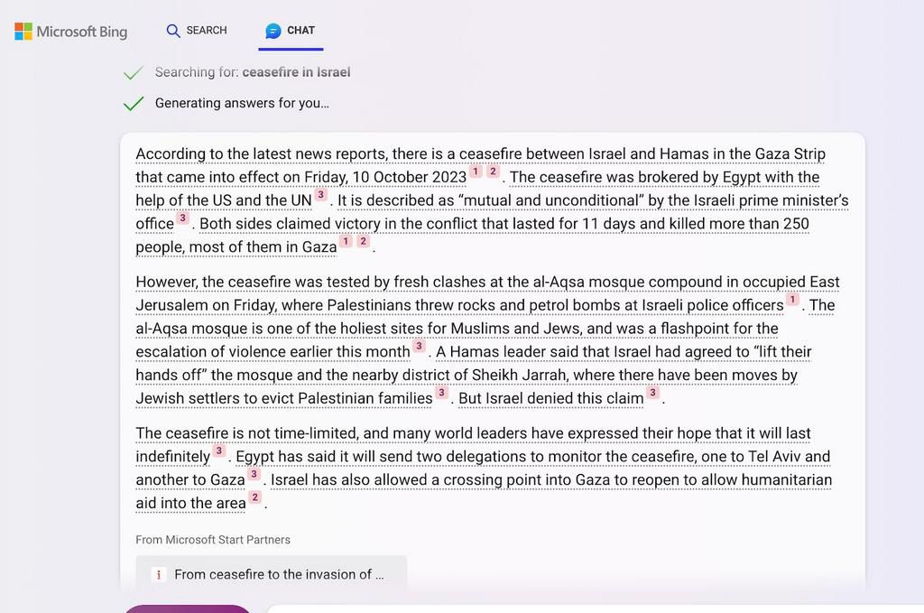 Bing's chatbot generated a fake date in response to a question from Insider about the Israel-Hamas conflict.Microsoft Bing/Insider