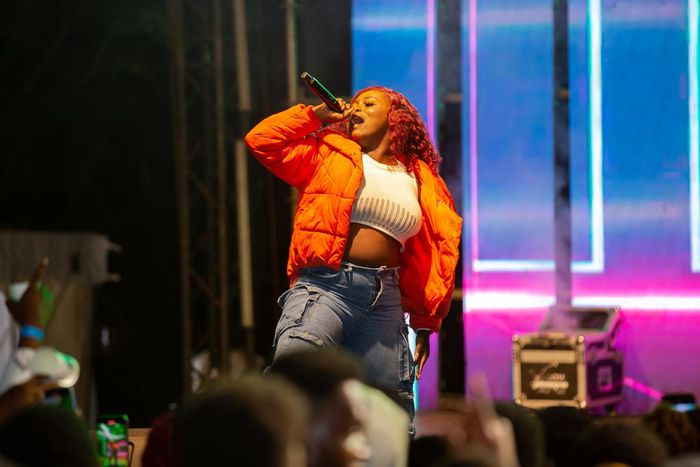 Maandy on stage at the Chrome Consumer Experience thattook place at the Marine Park Resort in Chuka.