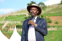 Uasin Gishu Senator Jackson Mandago speaking during a function at Kamasat primary school, Marakwet West Constituency, Elgeyo Marakwet County.