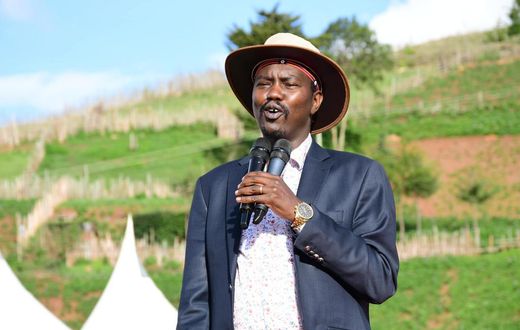 Uasin Gishu Senator Jackson Mandago speaking during a function at Kamasat primary school, Marakwet West Constituency, Elgeyo Marakwet County.