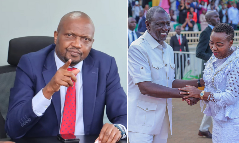 A collage of Moses Kuria, President William Ruto and First Lady Rachel Ruto