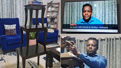 BBC TV presenter Ferdinand Omondi uses stools as tripod during live bulleting