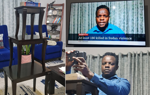 BBC TV presenter Ferdinand Omondi uses stools as tripod during live bulleting