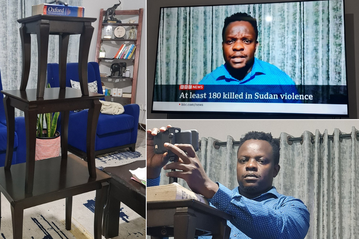 BBC TV presenter Ferdinand Omondi uses stools as tripod during live bulleting