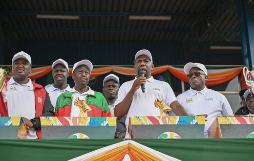 Roads and Transport CS Kipchumba Murkomen and Governor Benjamin Cheboi watch the Baringo County Governor's Super Cup Finals for Ladies at the Kabarnet Showground
