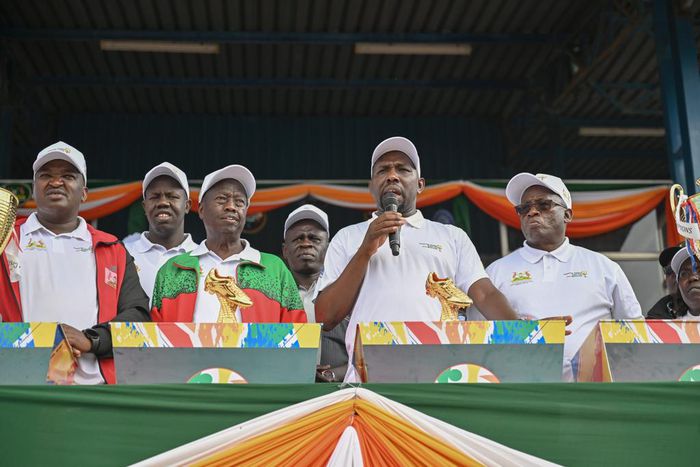 Roads and Transport CS Kipchumba Murkomen and Governor Benjamin Cheboi watch the Baringo County Governor's Super Cup Finals for Ladies at the Kabarnet Showground