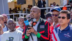 CS Moses Kuria speaking during the launch of the Moses Kuria Football Tournament in Meru County