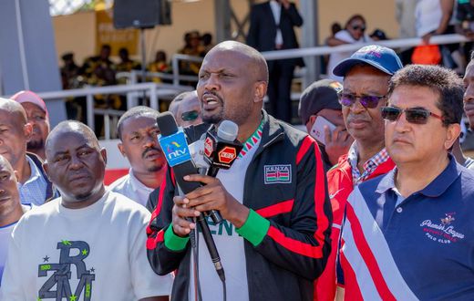 CS Moses Kuria speaking during the launch of the Moses Kuria Football Tournament in Meru County