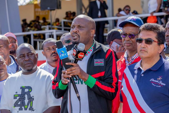 CS Moses Kuria speaking during the launch of the Moses Kuria Football Tournament in Meru County