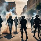 An Ai-generated image showing [police throwing teargas at young people during a protests (hotpot.ai)