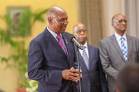 Former Auditor-General Edward Ouko speaking at State House, Nairobi after being appointed to head the newly inaugurated Pending Bills Verification Committee