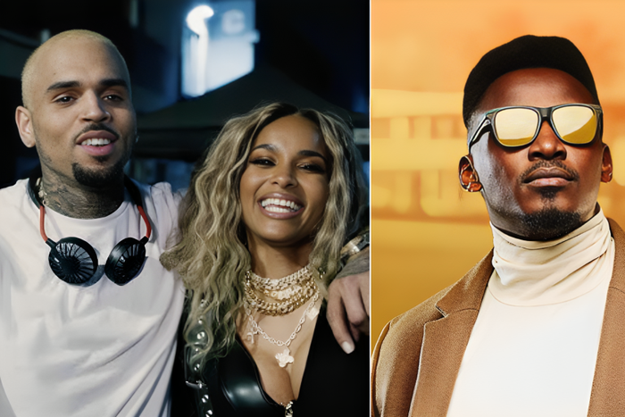 A collage of Chris Brown, Ciara and Okello Max