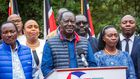 Raila Odinga, Martha Karua, Kalonzo Musyoka and other Azimio leaders addressing the press on President William Ruto's performance
