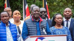 Raila Odinga, Martha Karua, Kalonzo Musyoka and other Azimio leaders addressing the press on President William Ruto's performance