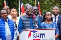 Raila Odinga, Martha Karua, Kalonzo Musyoka and other Azimio leaders addressing the press on President William Ruto's performance