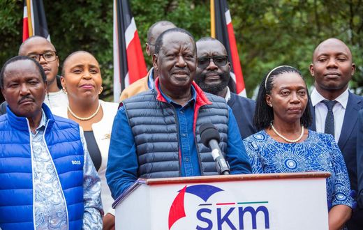 Raila Odinga, Martha Karua, Kalonzo Musyoka and other Azimio leaders addressing the press on President William Ruto's performance