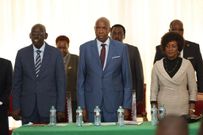 Education CS Ezekiel Machogu, PS Belio Kipsang and TSC CEO Nancy Macharia during the release of the 2023 KCPE exam results in Nairobi on November 23, 2023