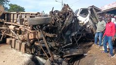 The mangled wreckage of the lorry that killed at least 20 people following a tragic accident along the Migori-Isebania road on Saturday, April 08.