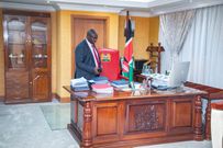 Deputy President Rigathi Gachagua arrives at his Harambee House Annex office on March 27, 2023