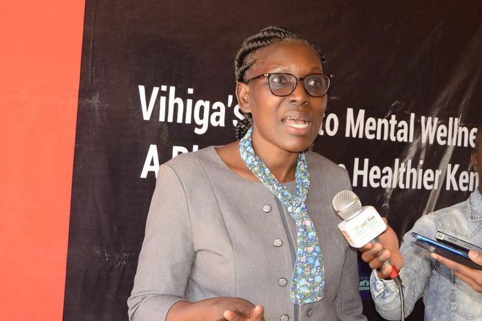Linet Indiazi, a psychologist in Vihiga speaking during the launch of White Coat in Gambogi