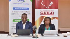 Kenya Union of Journalists Secretary-General Eric Oduor with Kenya Editors Guild CEO Rosalia Omungo during a press conference at the Serena Hotel on February 21, 2023 | Photo: Muturi Kanini