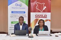 Kenya Union of Journalists Secretary-General Eric Oduor with Kenya Editors Guild CEO Rosalia Omungo during a press conference at the Serena Hotel on February 21, 2023 | Photo: Muturi Kanini