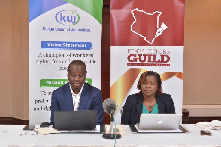 Kenya Union of Journalists Secretary-General Eric Oduor with Kenya Editors Guild CEO Rosalia Omungo during a press conference at the Serena Hotel on February 21, 2023 | Photo: Muturi Kanini