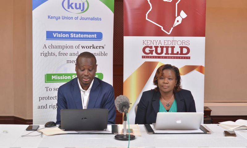 Kenya Union of Journalists Secretary-General Eric Oduor with Kenya Editors Guild CEO Rosalia Omungo during a press conference at the Serena Hotel on February 21, 2023 | Photo: Muturi Kanini