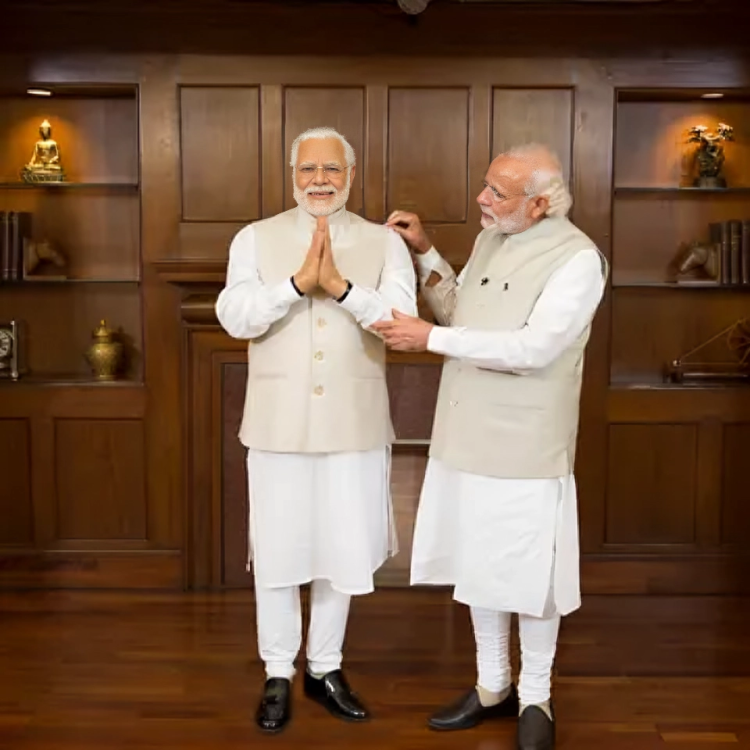 India's Prime Minister Narendra Modi posing next to his wax statue