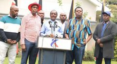 Kalonzo Musyoka and other Principal Secretaries of Azimio Coalition during a press briefing held at the Kenya School of Government on July 19, 2024.