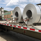 A trailer transporting steel coils
