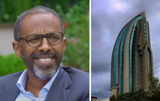 A collage of Senior Counsel Ahmednasir Abdullahi and FCB Mihrab towers which hosts the First Community Bank head office
