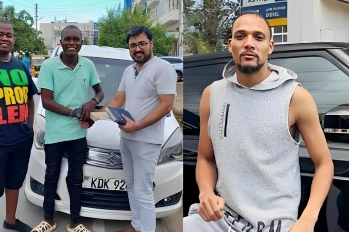A collage image of Vincent Mboya with his first car and singer KRG The Don