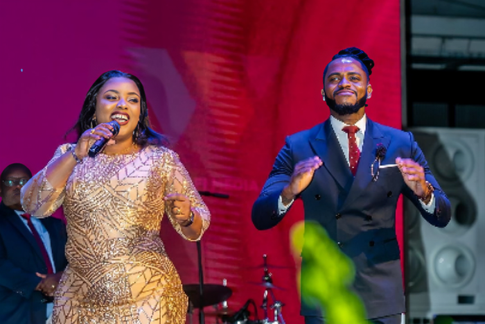 Christina Shusho & diamond Platnumz dancing and singing during an event in Masaki, Dar es Salaam on April 1, 2024