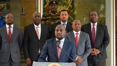 Transport CS Kipchumba Murkomen speaking during a past media briefing at Harambee House