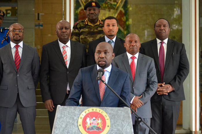 Transport CS Kipchumba Murkomen speaking during a past media briefing at Harambee House