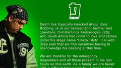 Costa Titchy's family statement concerning his death
