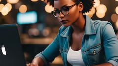 An AI-generated image of a black woman working on a laptop