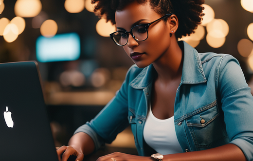 An AI-generated image of a black woman working on a laptop