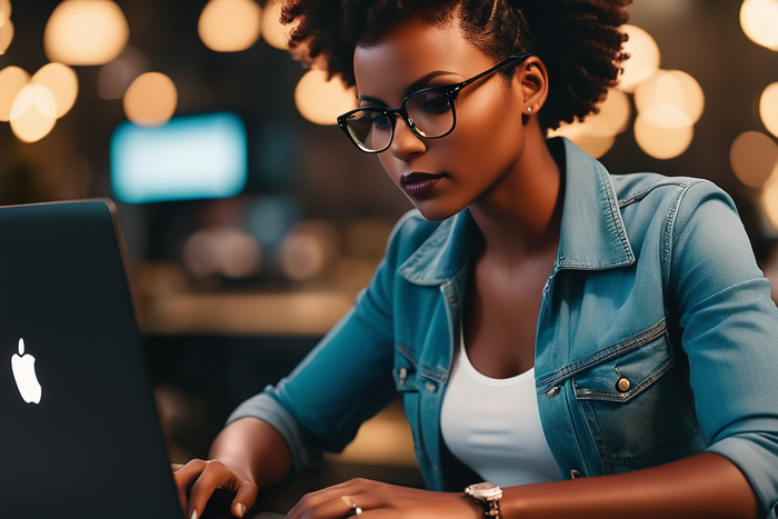 An AI-generated image of a black woman working on a laptop