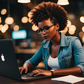 An AI-generated image of a black woman working on a laptop