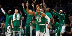 Al Horford of the Boston Celtics after making a three-point basket against the New York Knicks during the second quarter at TD Garden in Boston.Winslow Townson/Getty Images