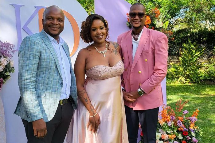Lang'ata MP Jalango poses with Kamene Goro and DJ Bonez during their wedding ceremony