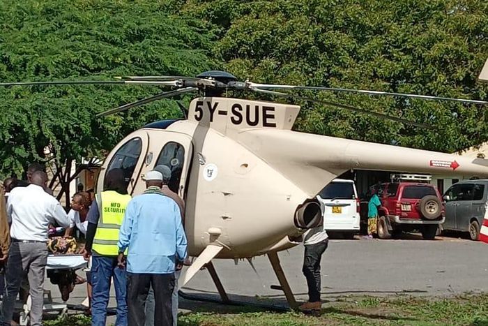 NRT Kenya's chopper, a Hughes 369FF (530MG), evacuating a woman in Isiolo county