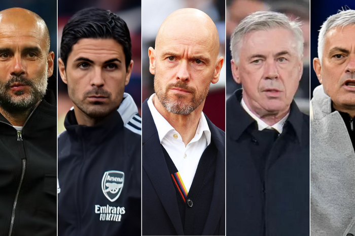 From left: Pep Guardiola, Mikel Arteta, Eric Ten Hag, Carlo Ancelotti & Jose Mourinho