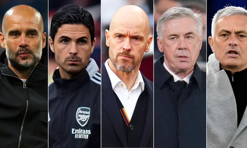 From left: Pep Guardiola, Mikel Arteta, Eric Ten Hag, Carlo Ancelotti & Jose Mourinho