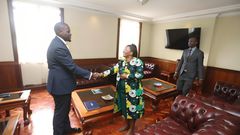 Nairobi Governor Johnson Sakaja with Ambassador of Burundi to Kenya Ntahonkuriye Emmernece at City Hall, Nairobi