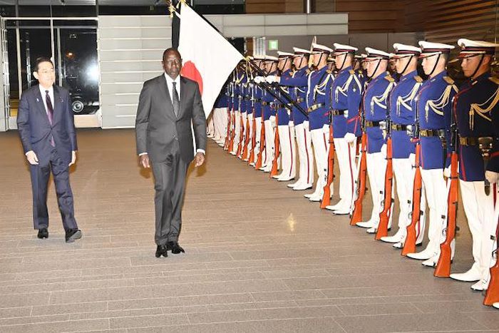 President William Ruto is welcomed by Japan Prime Minister Fumio Kishida in Tokyo, Japan on February 8, 2024