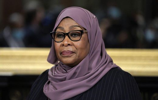 Samia Suluhu Hassan, Tanzania's President, before a meeting with U.S. Vice President Kamala Harris, not pictured, in the Vice President's Ceremonial Office in Washington, D.C., U.S., on Friday, April 15, 2022. Photographer: Yuri Gripas/Abaca/Bloomberg ...
