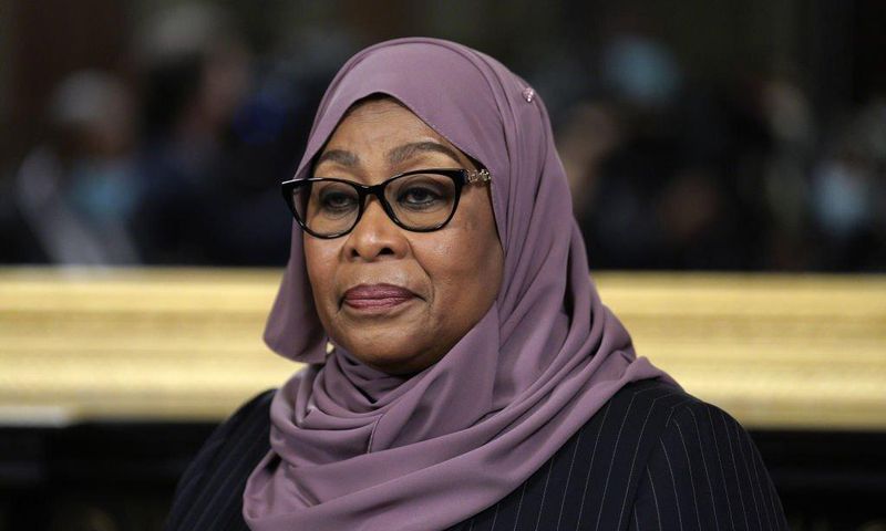 Samia Suluhu Hassan, Tanzania's President, before a meeting with U.S. Vice President Kamala Harris, not pictured, in the Vice President's Ceremonial Office in Washington, D.C., U.S., on Friday, April 15, 2022. Photographer: Yuri Gripas/Abaca/Bloomberg ...